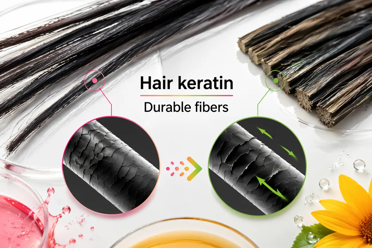 Animal hair and coarse bristle bundles with magnified fiber surfaces showing the scaled keratin cuticle before and after enzyme action
